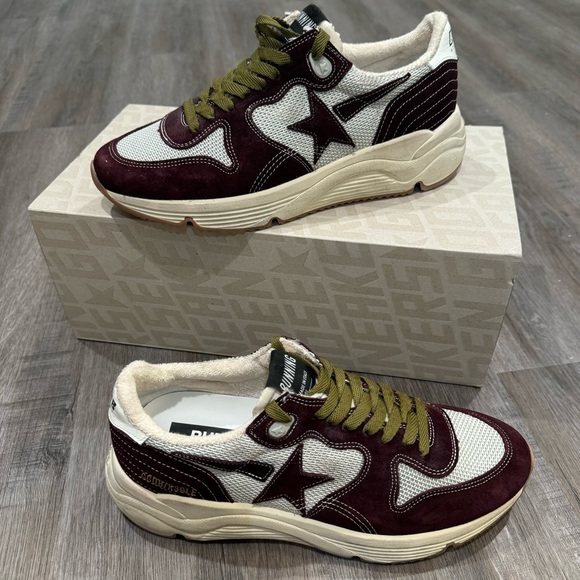 Golden Goose Running Sole Net Upper Shiny Suede Star Red Wine Silver Sneakers - Picture 1 of 14